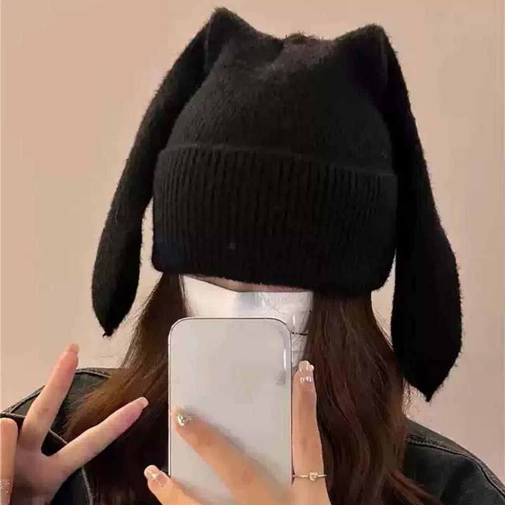 Korean Style Bunny Pullover Cap Elastic Solid Color Knitted Hat Fashion Brimless Beanie Hat Couple