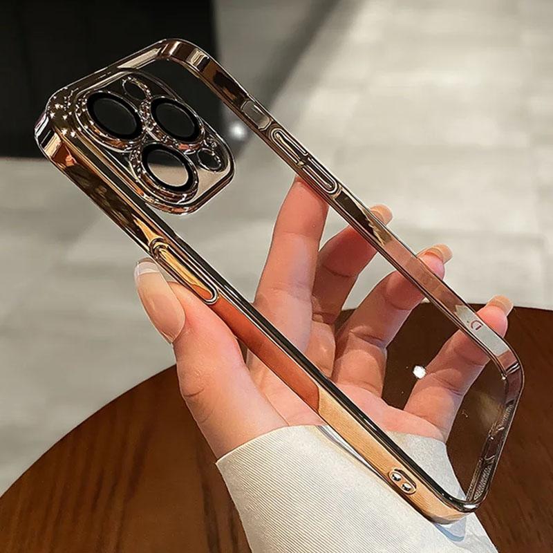 Luxury Electroplated Clear Silicone Phone Case For iPhone 15 Pro 14 13 12 Mini 11 X XR XS Max 78 Plus Lens Protection Back Cover