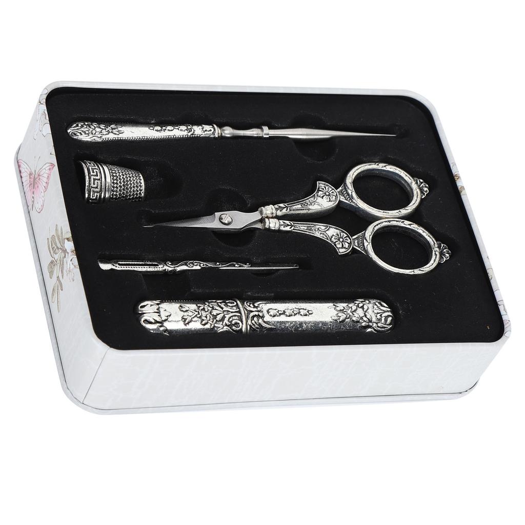 Retro Sewing Scissors Set Silver Threading Needle Thimble Household Cutting Tools Boxed
