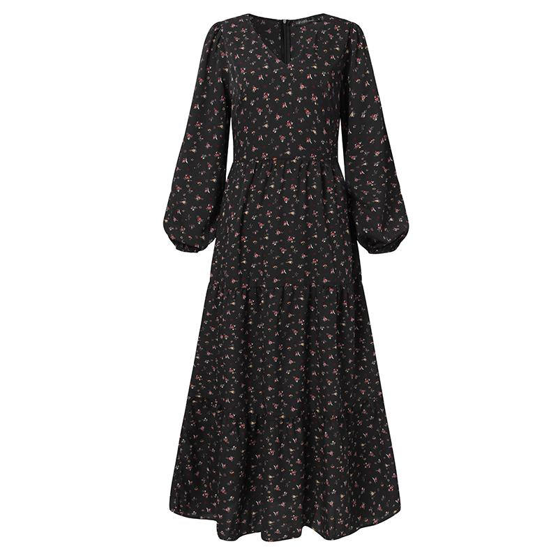 ZANZEA Women Casual Floral Print Long Sleeve V-neck Long Dress