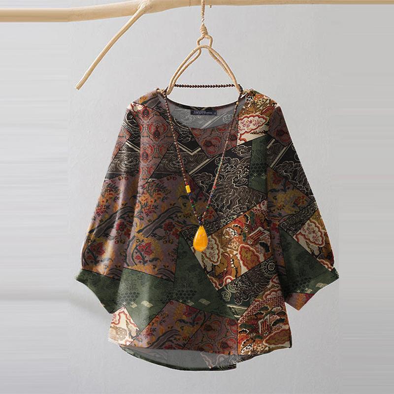 ZANZEA Ethnic Print Casual O-neck 3/4 Sleeve Loose Women Blouse