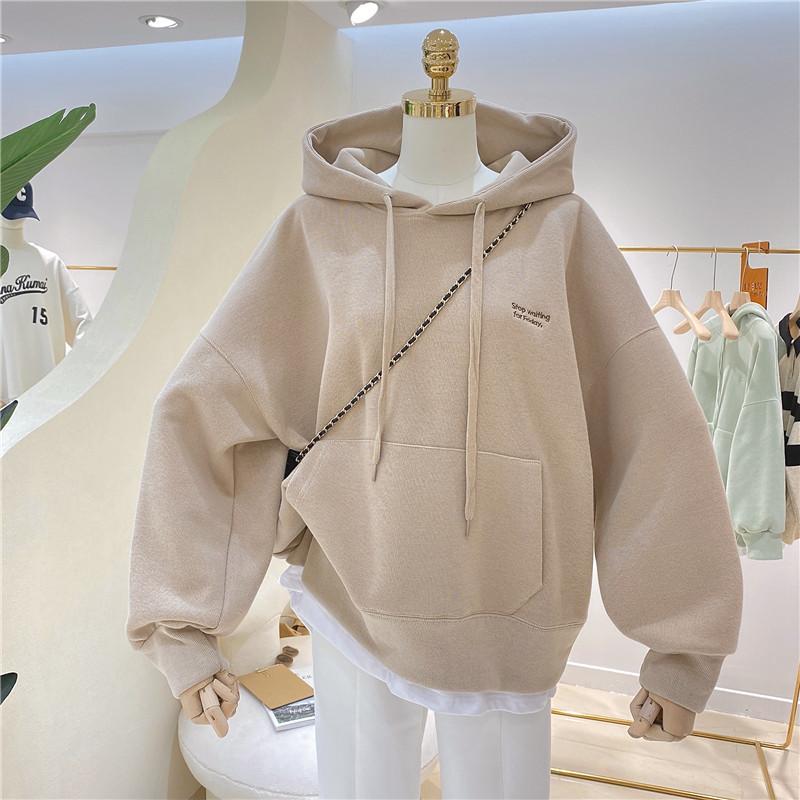 Autumn and Winter Women's Solid Hoodies Sweatshirts Loose Long Sleeve Tops Casual Sporty Thick Warm Ladies Pockets Hooded Pullover Sweatshirt