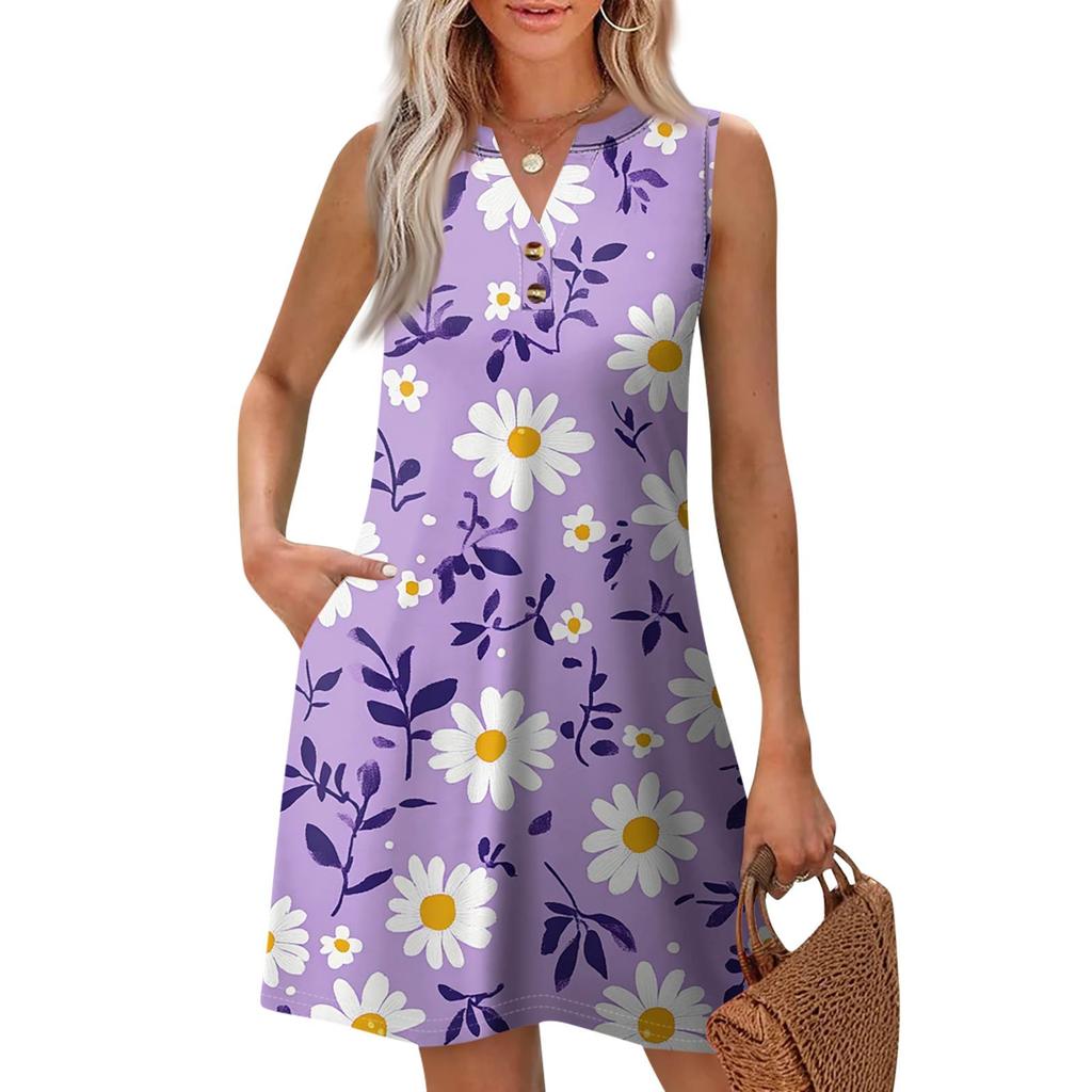 Women's Fashion Casual Printed V-Neck Button With Pocket Vest Sleeveless Dresses
