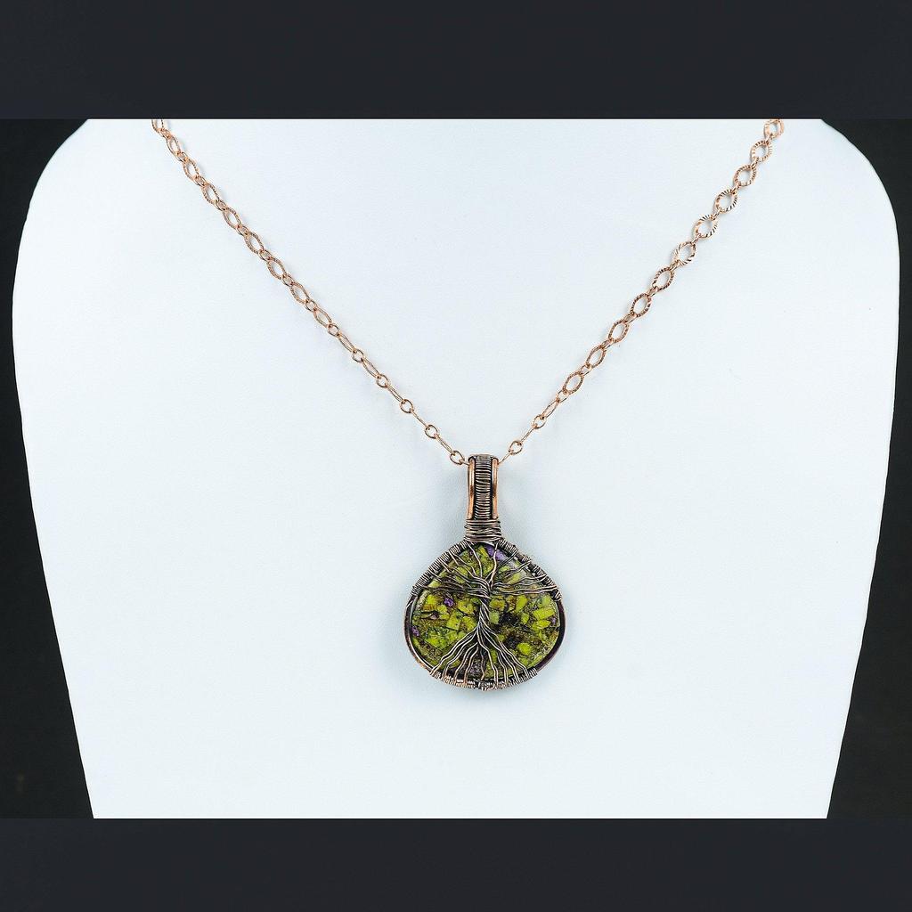 Подвеска с самоцветом стихтитом Древо Жизни, обмотанная медной проволокой, Медная проволочная подвеска, Медные проволочные украшения, Подарок для него, Подвеска ручной работы, Украшения Древо Жизни