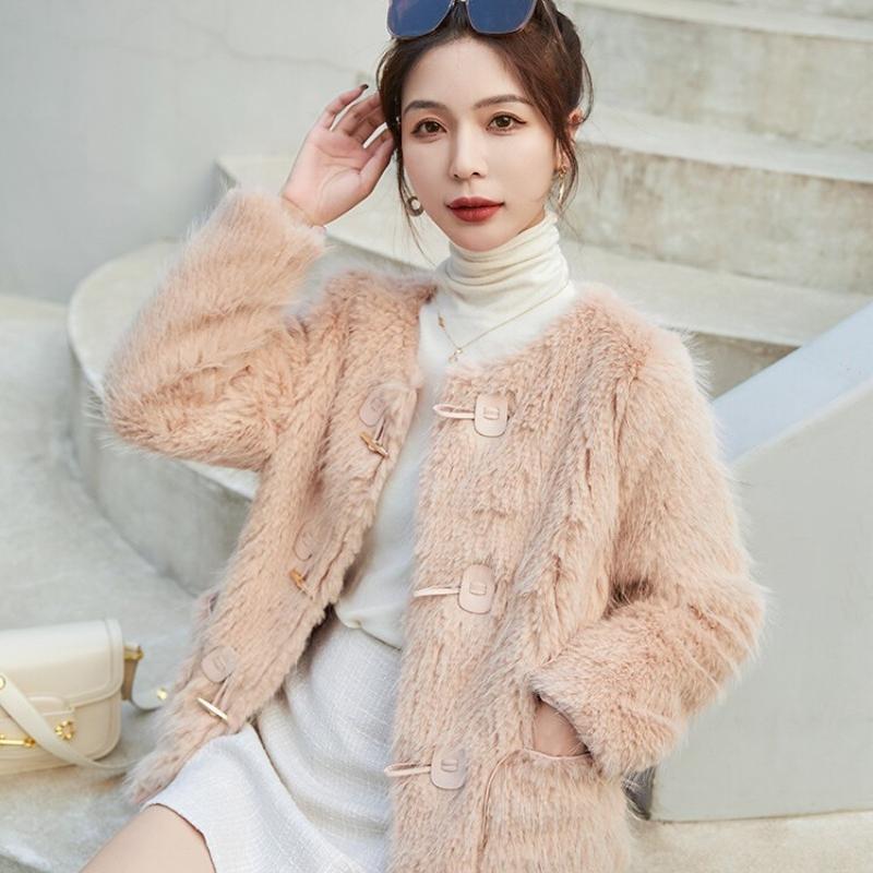 Зимнее новое стильное пальто из лисьего меха, цельное женское замшевое пальто с роговыми пуговицами, теплое пальто