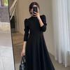 Women's Black Long-Sleeve Korean-Style Swing Dress - 2023 Spring/Autumn Waist-Slimming Skirt
