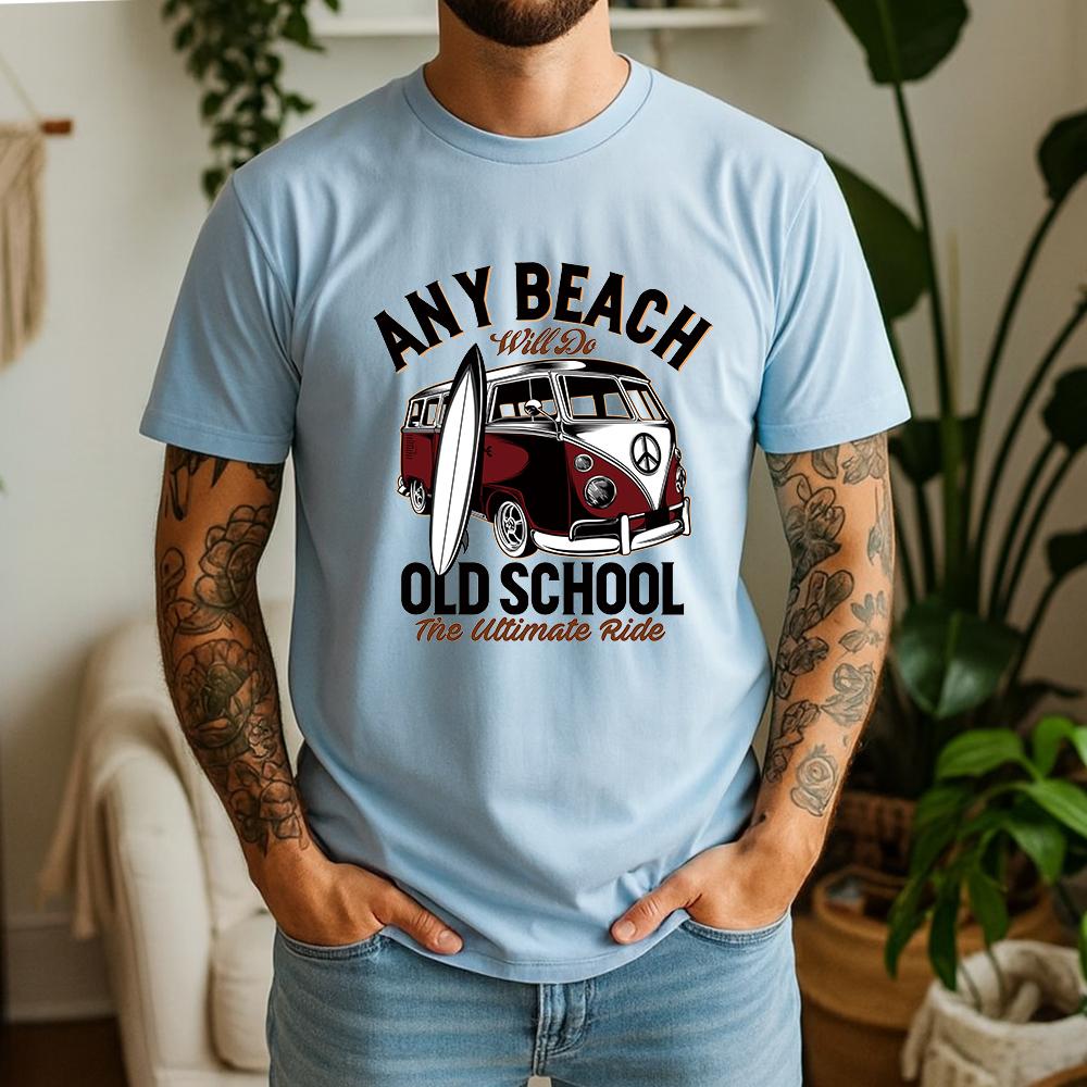 Vintage Old School Surf Bus Surfboard Print Unisexs T Shirt Loose Short Sleeve Crew Neck Beach Vacation Casual Tees