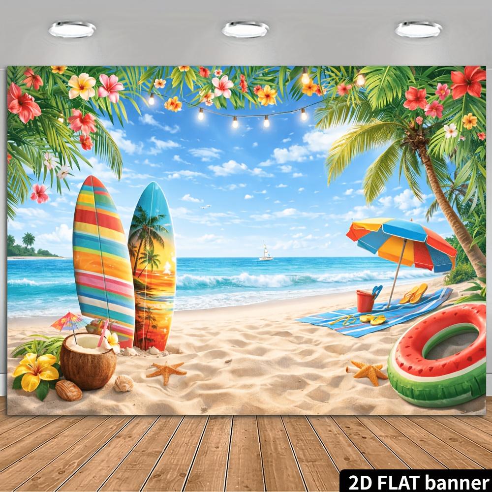 2D plane summer beach party backdrop, with a seaside beach and surfboards