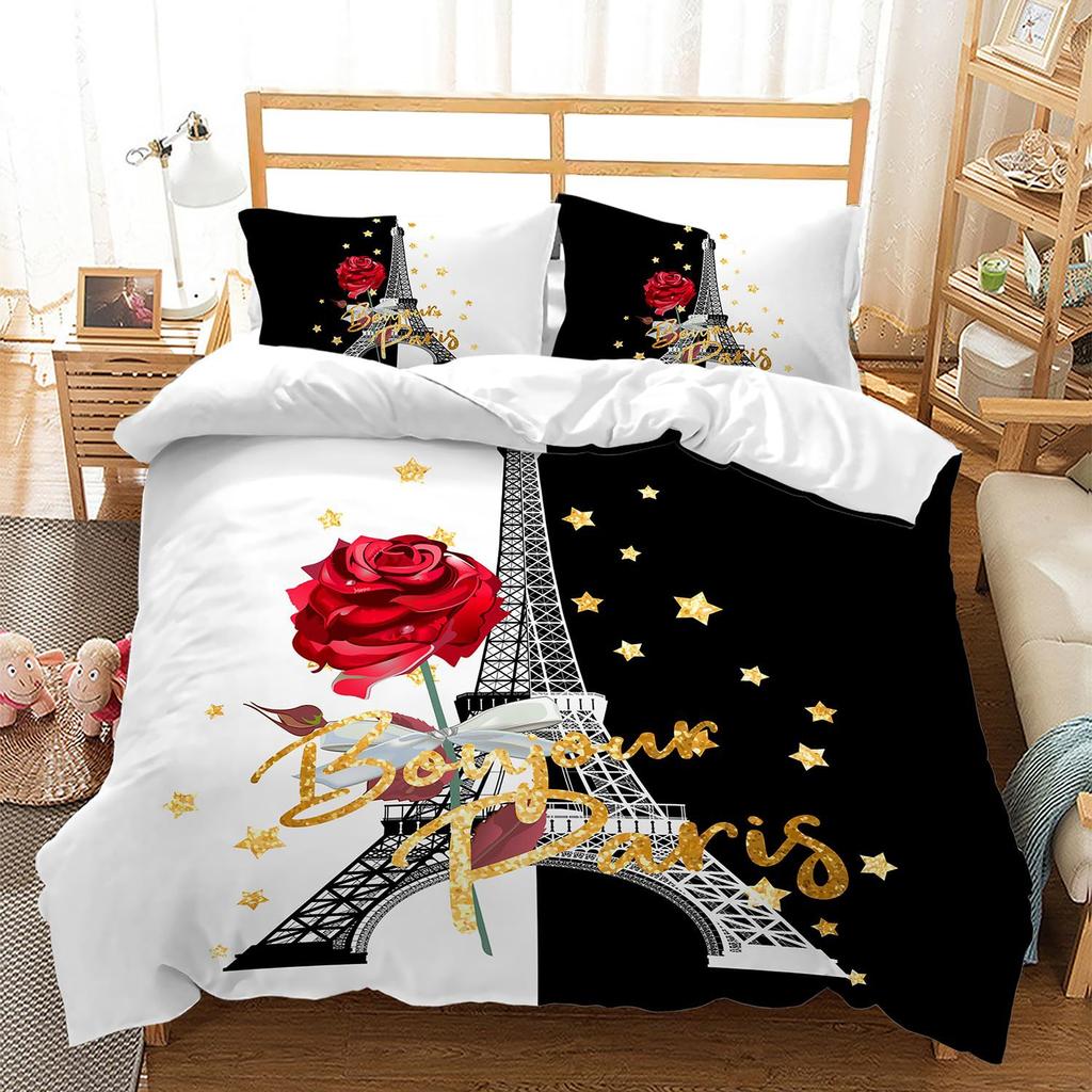 Fashion Eiffel Tower Duvet Cover Cherry Blossom Pattern Bedding Kit Modern Cityscape Print