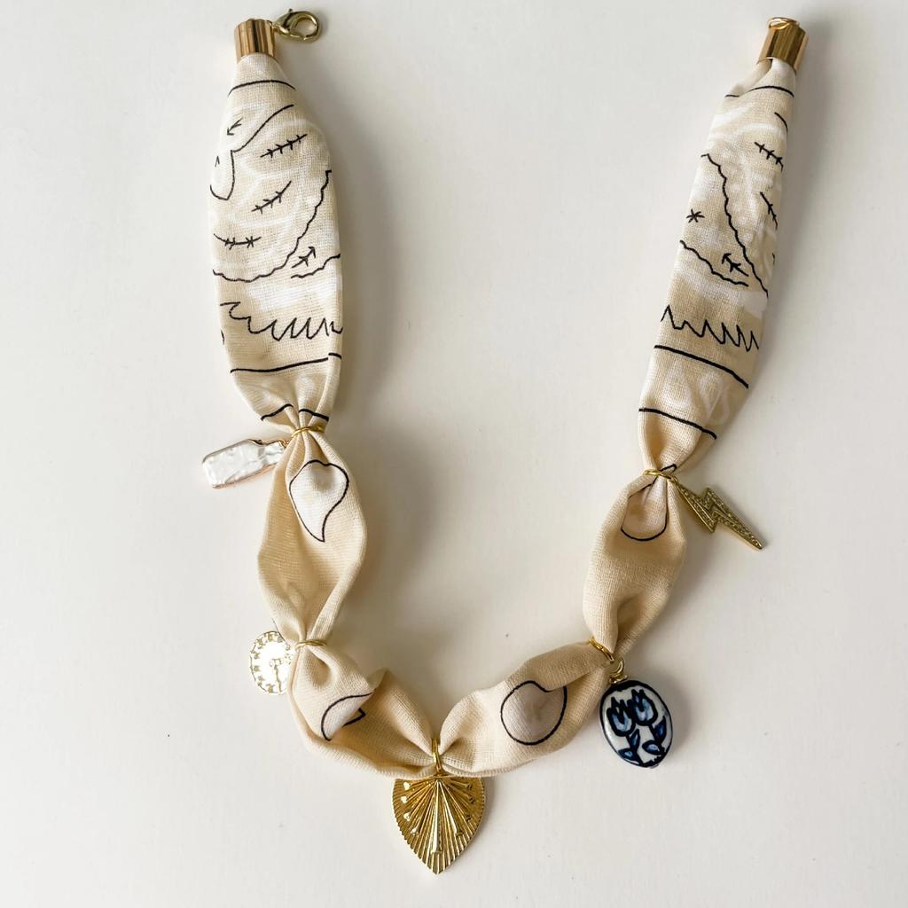 Bohemian Printed Silk Scarf Necklace Retro Metal Love Shell Pendant Cloth Strip Splicing Trendy Jewelry