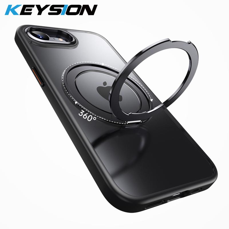 KEYSION Ударопрочный прозрачный чехол для MagSafe для iPhone 16e 2025 360° Магнитная подставка с кольцом для беспроводной зарядки Матовый прозрачный чехол