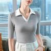 Футболка с воротником-поло с пятиконечным рукавом для женщин, осень, новый дизайн, контрастный топ с лацканами средней длины