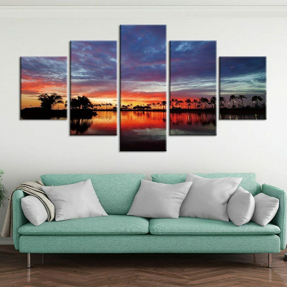 5Pcs Sunset Lake Landscape Tree Decor Canvas Picture Wall Art 5 Pieces Pictures Paintings Poster Home Decor 5 Panel Modern