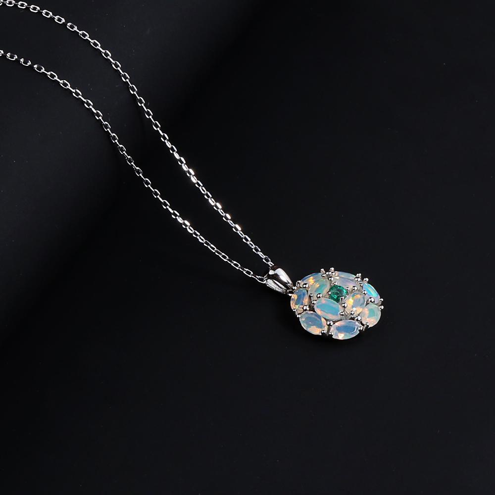 Colorful Natural Opal Gemstone with Green Emerald Pendant Necklace Fine Jewelry 925 Sterling Silver Gift for Women