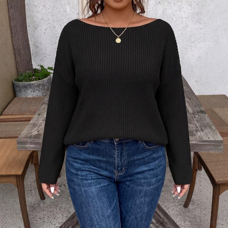 Plus Size Women S Pullover Sweater Off Shoulder Flare Sleeve Solid Color