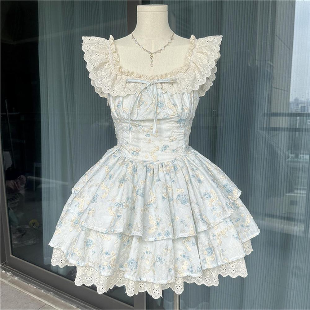 Xiaofei Sleeve Suspender Skirt Women's Summer Sweet Small Fresh Blue Floral Short Cake Skirt Waist Princess Dress