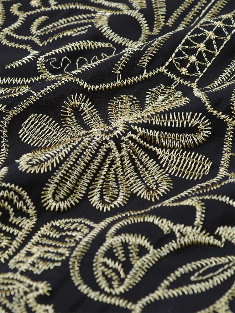 EDOLYNSA 2024 Gold Thread Embroidered Plus Size Casual Vacation Beach Dress Summer Swimsuit Coverup For Women V Neck Bat Sleeve Black Kaftan