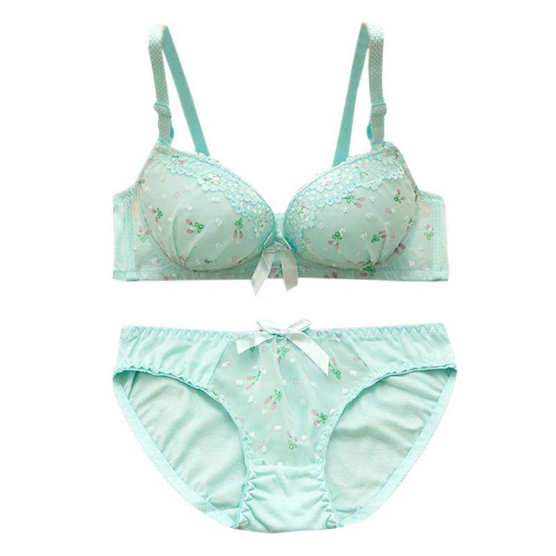 Кружевной хлопковый бюстгальтер с принтом бантом, женский комплект нижнего белья с эффектом пуш-ап, бюстгальтер на косточках, бюстгальтер и трусики, комплект нижнего белья