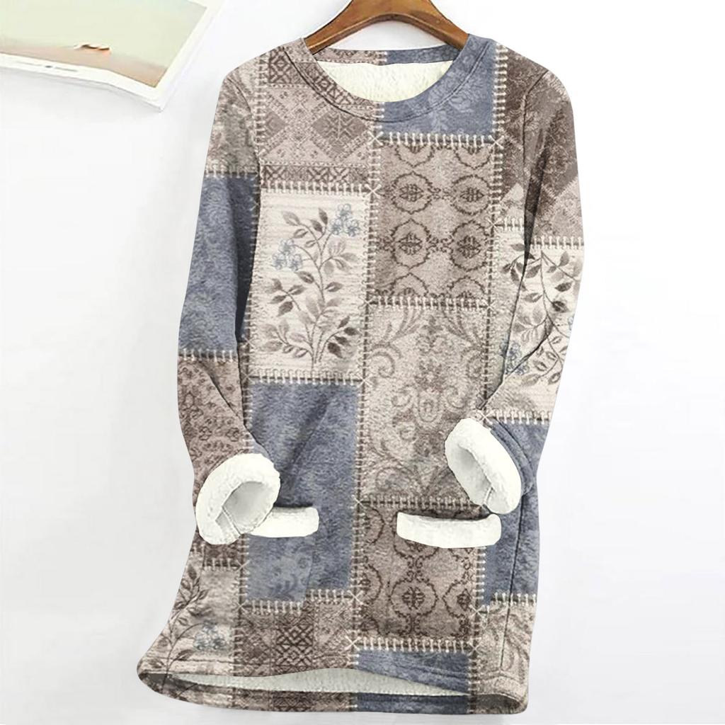 Women's Round Neck Top Printing Thickened Plush Cashmere Warm Long Top