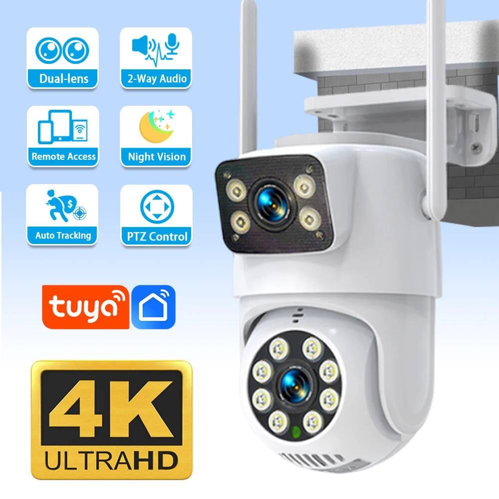 Tuya Smart 8MP 4K HD Беспроводная CCTV Уличная Wi-Fi Камера Видеонаблюдения Двойной Объектив Домашняя Безопасность IP Камера 360° PTZ Автоматическое Отслеживание