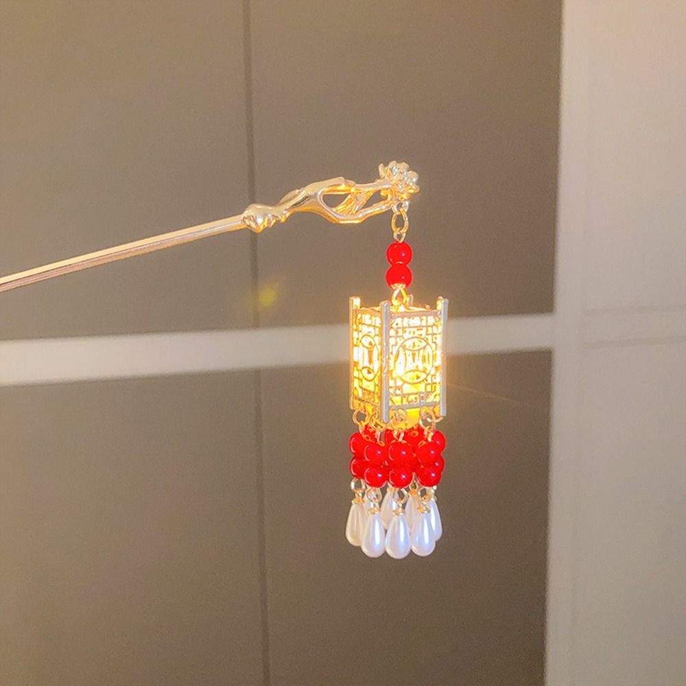 Pearl Glowing Lantern Hairpin LED Light Copper Coin Lantern Tassel Hair Stick Hair Chopstick Hanfu Headwear