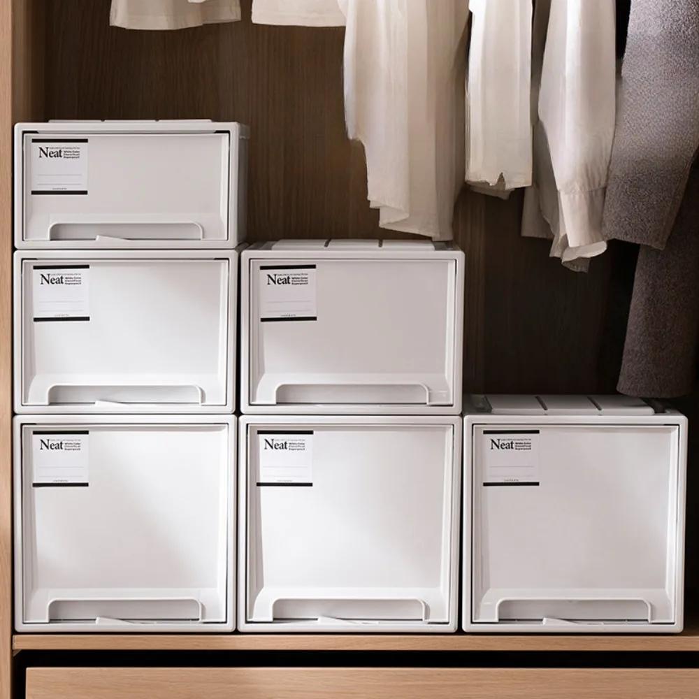 Wardrobe Storage Box Drawer Style Stackable Container with Lid Organizing Save Space Bedside Simple Clothes Organizer for Closet