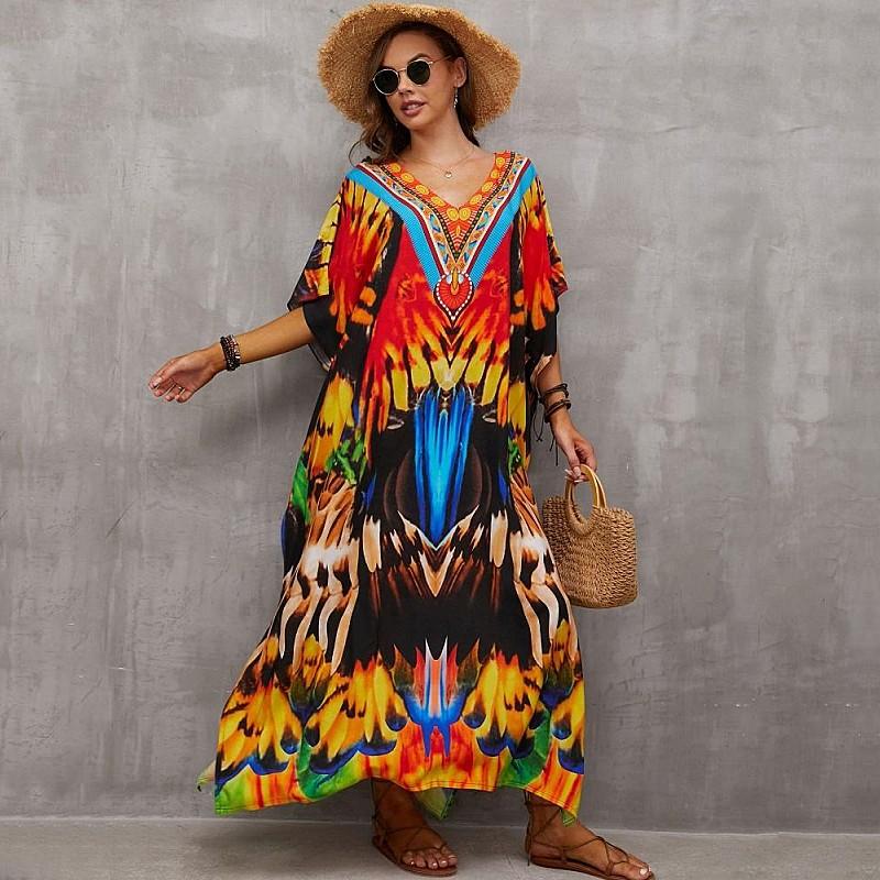 EDOLYNSA Свободный кафтан с богемным принтом, повседневное платье макси для летних каникул, женская одежда, пляжная одежда, купальный костюм, накидка Q1464