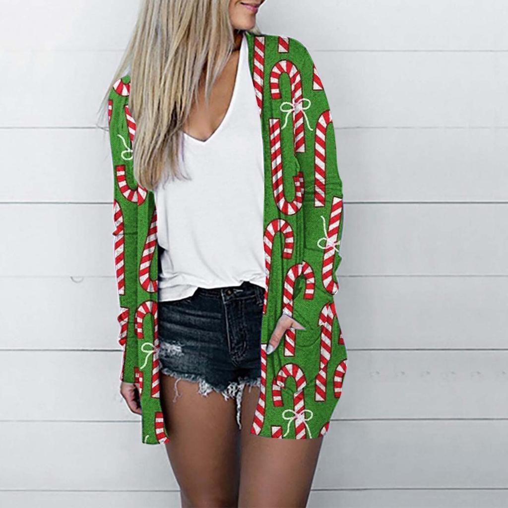 Женская мода, свободный повседневный карманный кардиган с рождественским принтом, куртки, топы