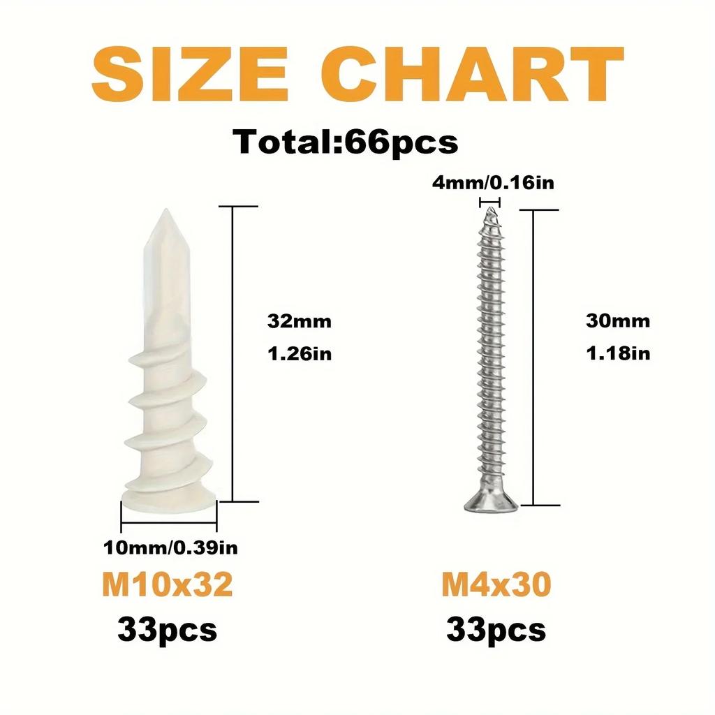 33 Sets of Self Drilling Drywall Anchor Rods and Screws, Threaded Plastic Anchor Rods+# 8 X 1-1/8 Inch Screws
