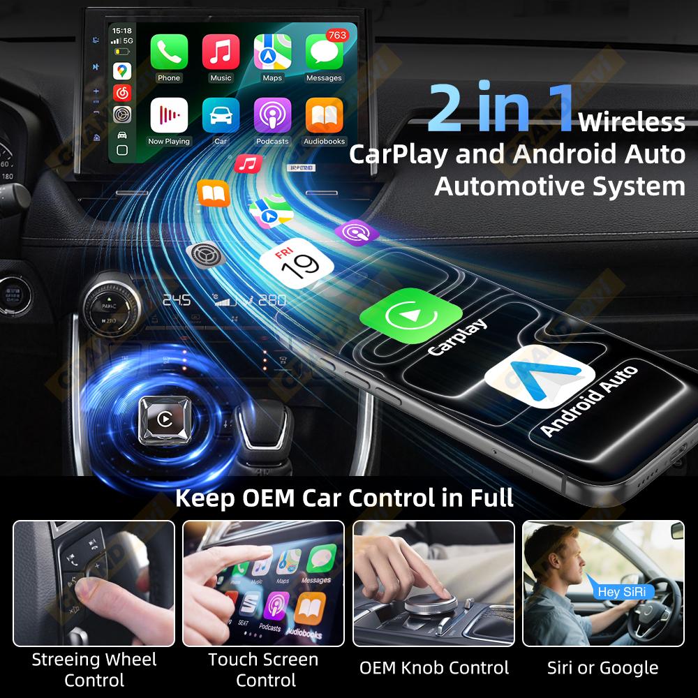 2-в-1 Беспроводной адаптер CarPlay Android Auto Донгл Алмазный Тип C/USB Умная коробка для подключения автомобиля Без задержек Быстрое подключение