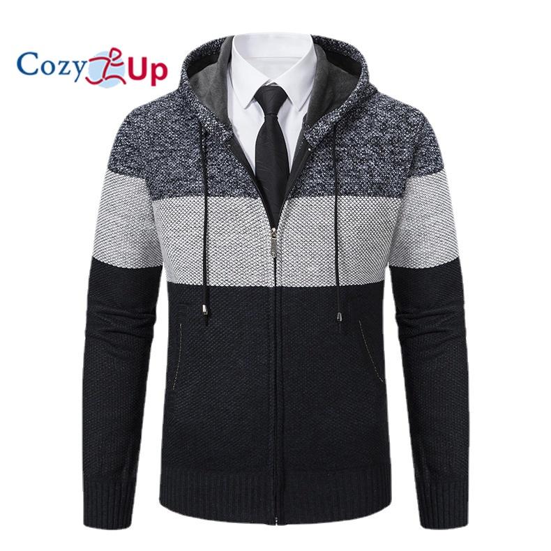 Cozy Up Autumn  Hooded Warm Sweater for Men with Thick and Velvet Men Knitted Sweatercoats Patchwork Jacket Male