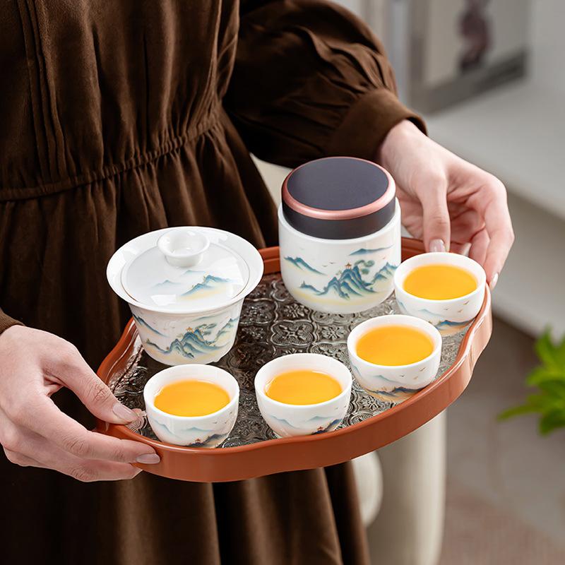 Suet jade retro travel kung fu tea set jinting landscape set ceramic portable tea set outdoor souvenir