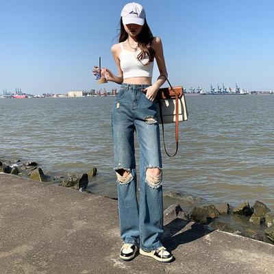 Весенние и летние рваные джинсы, женские свободные брюки с высокой талией, ретро, ​​модные широкие брюки в пол