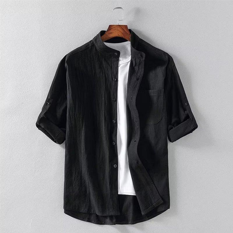 Men's Linen Blend Stand Collar Shirt Casual Roll Up Sleeve Pocket Detail Streetwear Top
