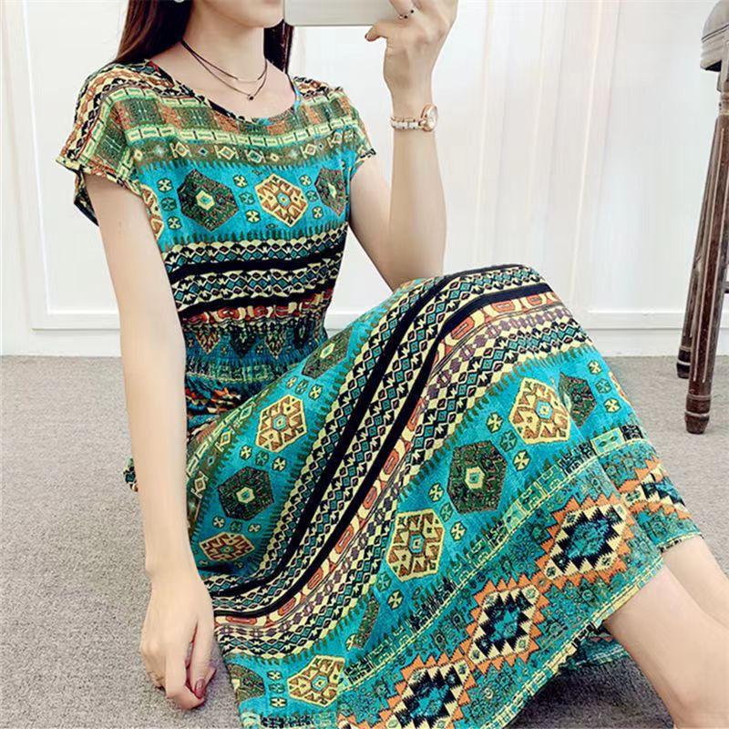 Летнее платье из хлопка и шелка в этническом стиле с цветочным принтом, модное элегантное платье больших размеров с короткими рукавами и средней длиной