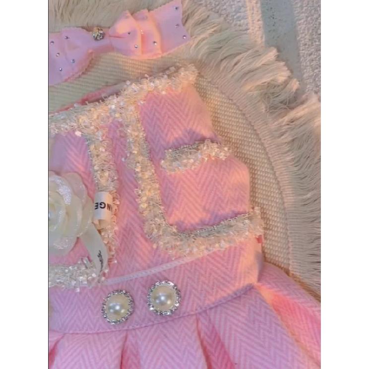 Pink Luxury Pearl Magnolia Design High-End Custom Pet Dress Set Winter Clothes Suit For Small Dog