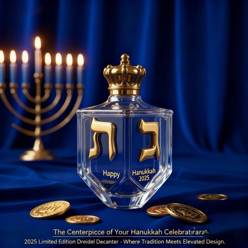 Hanukkah Dreidel Whiskey Bottle Glass Liquor Decanter With Golden Hebrew Letters Crown Cap Menorah Decoration Jewish Collectible Gift For Festival