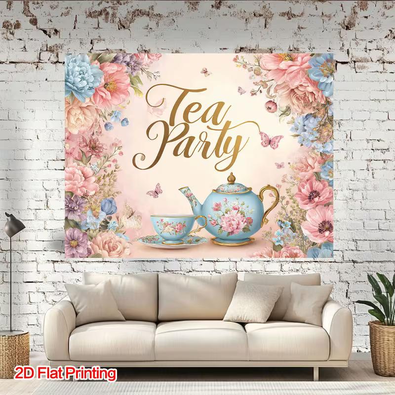 2D Tea Party Backdrop with Floral Teapot & Butterflies Photography Background