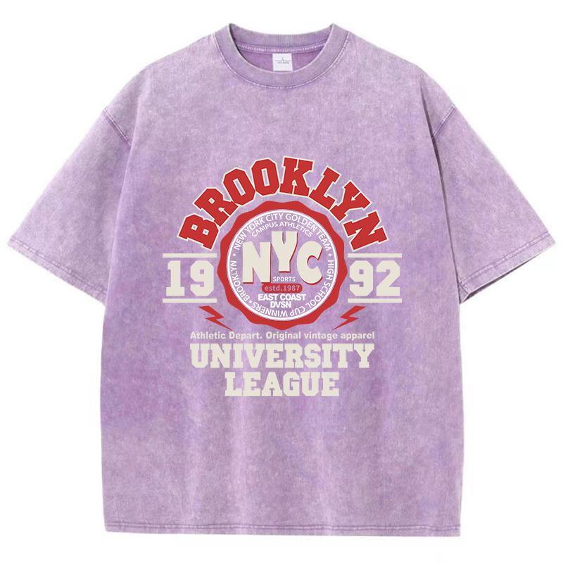 Женские футболки с кислотной стиркой, футболки с принтом лиги Бруклинского университета, состаренные, оверсайз, хлопковые, с коротким рукавом, трендовая одежда