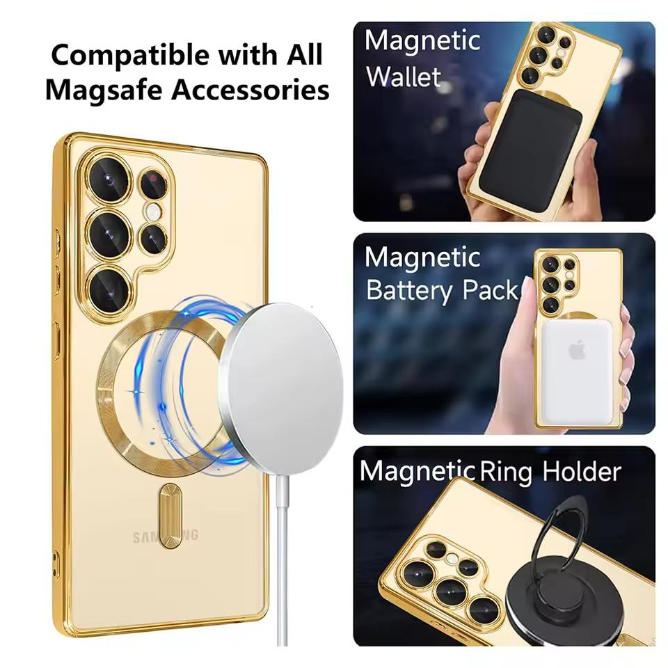 Прочный Магнитный Magsafe Прозрачный Тонкий Чехол Для Samsung Galaxy S25 S24 S23 S21 FE S22 Ultra Plus Роскошное Гальваническое Покрытие Силиконовый Мягкий Чехол