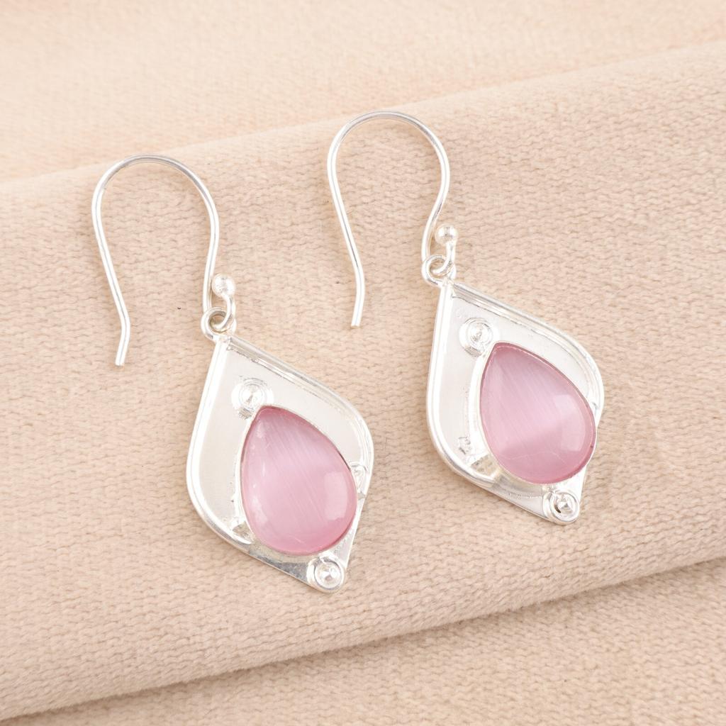 Розовый камень Кошачий глаз Ювелирные изделия из стерлингового серебра 925 пробы Ручной работы Серьги-крючки 1,90" EE-35-44