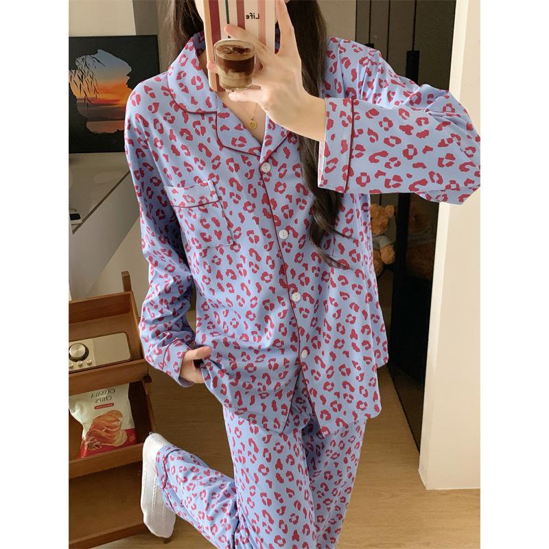 Leopard print imitation cotton pajamas women's spring and autumn new long-sleeved loose fashion sweet and cool loungewear suit