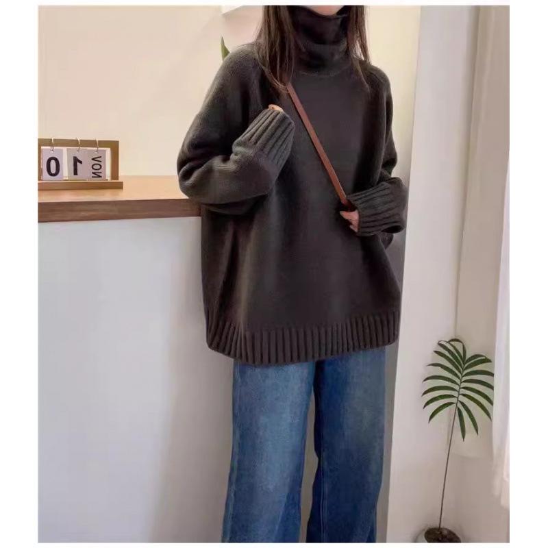 Solid Red Fluffy Knitwear: Women's High Neck Long Sleeve Sweater for Autumn and Winter