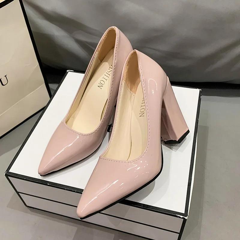 Fashion 2025 Shoes Thick Heel Woman Pumps Candy Color Women  Office Pointed Toe High Heels Wedding Female Heel Shoes