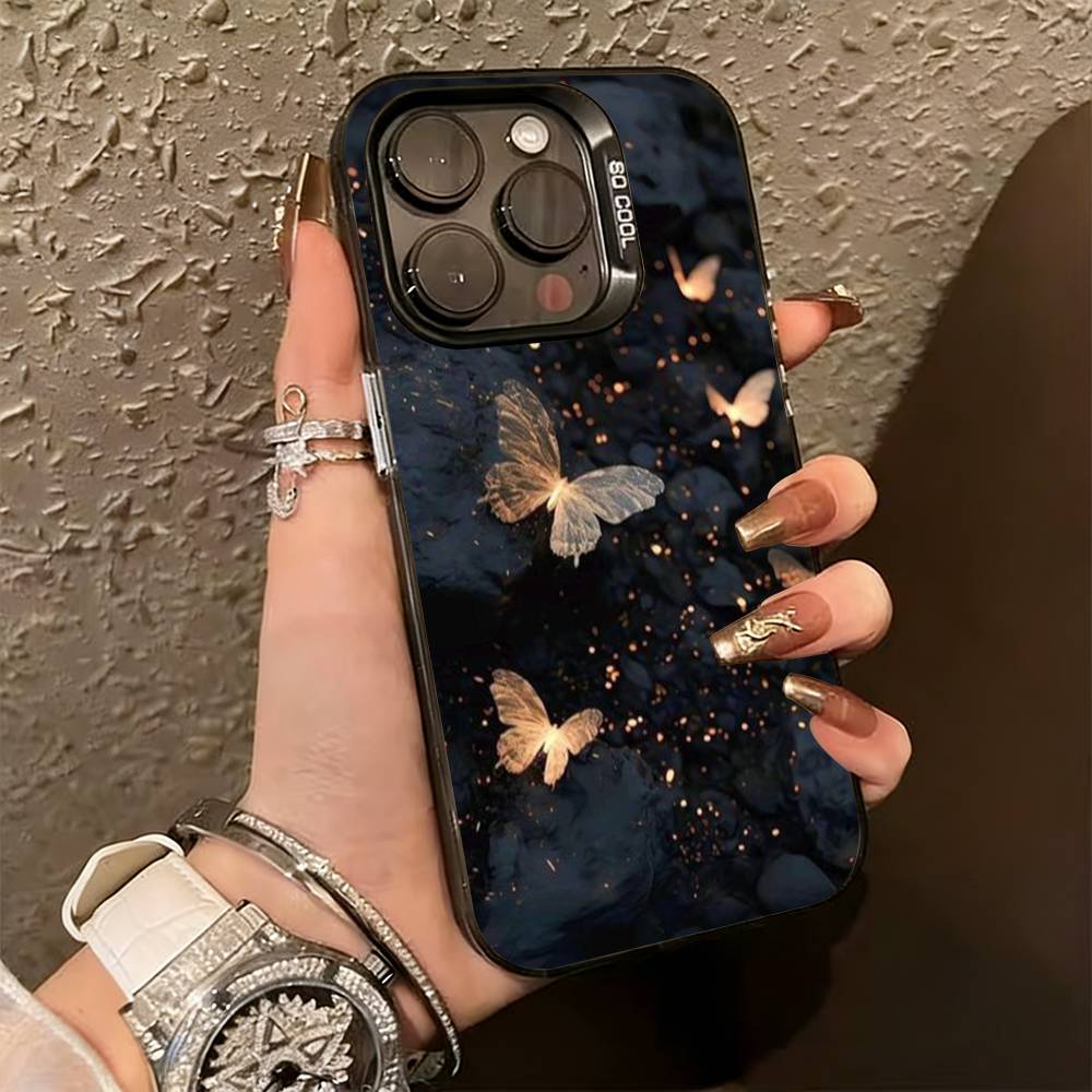 G-Glow in the dark B-butterfly Phone Case For iPhone 17,16,15,14,13,12,11 Plus,Pro Max,XS,Colored Silver Plated Inside Cover