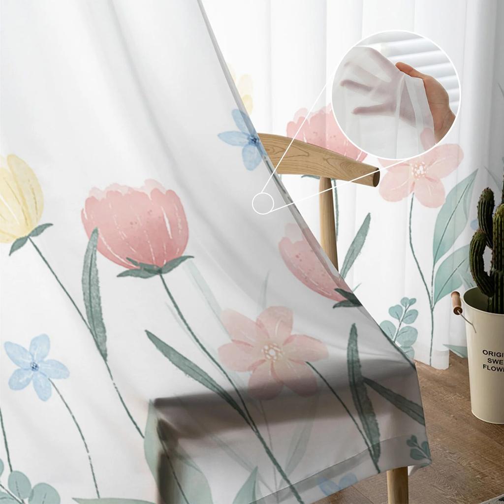 Flower Watercolor Pink Tulle Window Curtains for Bedroom Indoor Living Room Voile Decorative Sheer Curtains Drapes
