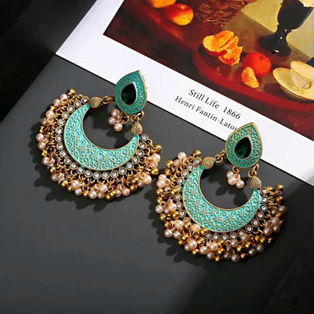RSAMD Ethnic Retro Green Jhumka Earrings For Women Indian Jewelry Pearl Tassel Earring-Green