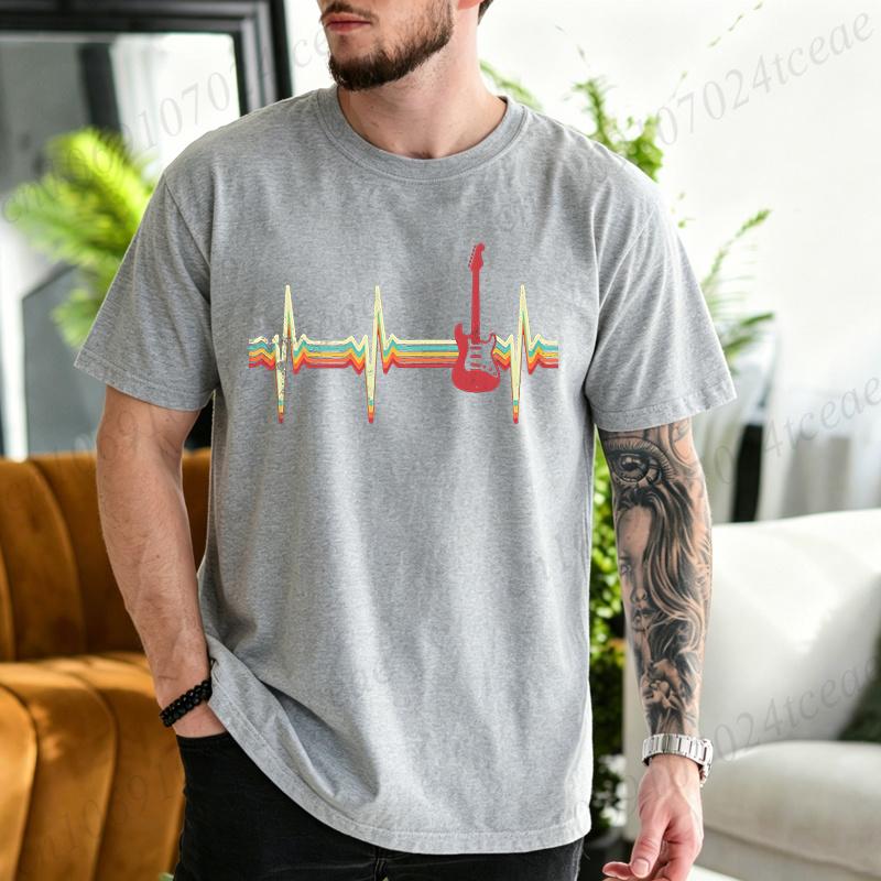 Unisexs Vintage Guitar Heartbeat TShirt Retro Music TShirts Hip Hop Streetwear Casual Short Sleeve Tops Guitarists Tshirts Gift