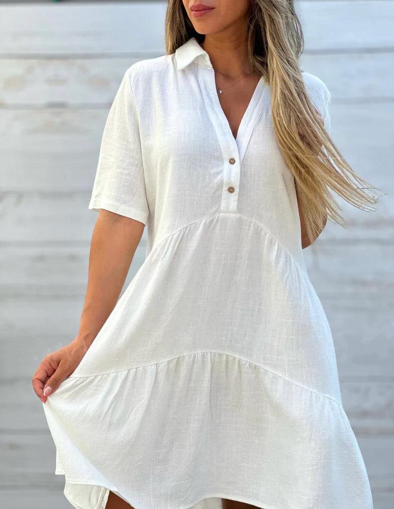 European and American Women's Casual Cotton Linen Short Sleeve Lapel Dress