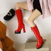 Женские ботфорты на платформе из красной лакированной кожи на массивном каблуке, белые, для вечеринки, на шнуровке, с круглым носком, длинные мотоциклетные ботинки